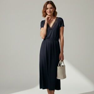 Sezane Monica Dress Cotton Navy Blue V-Neck Short Sleeve Maxi Dress Medium